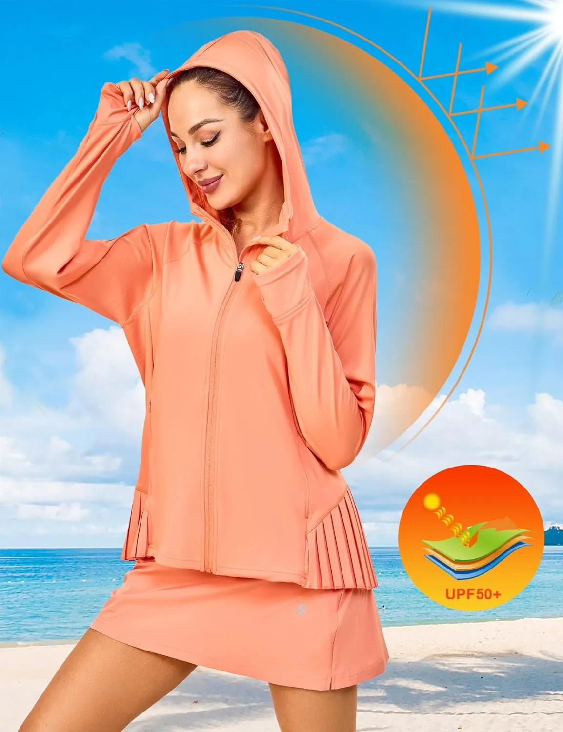 Little Donkey Andy Women's Golf Hoodie Jacket with Pleated Tennis Skirt Hem Full Zip Sun Protection Running Athletic Jackets