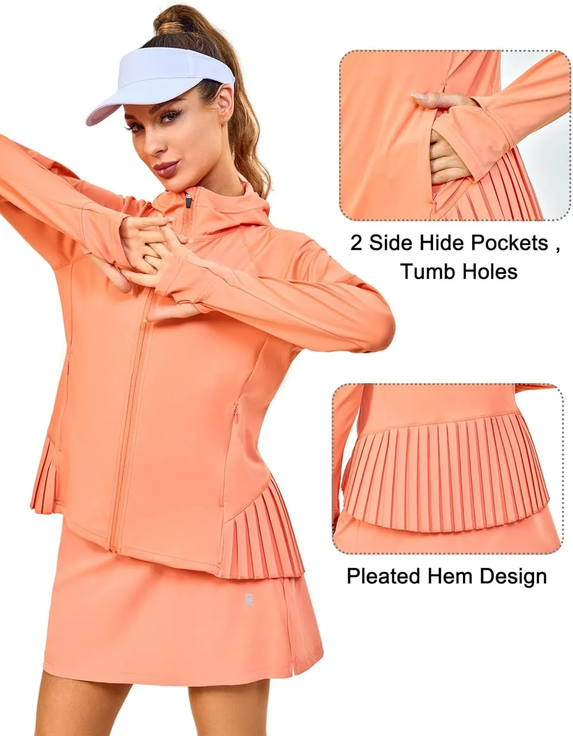 Little Donkey Andy Women's Golf Hoodie Jacket with Pleated Tennis Skirt Hem Full Zip Sun Protection Running Athletic Jackets