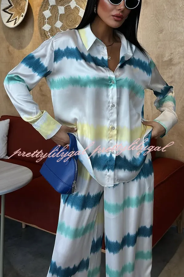 Lizbeth Satin Tie Dye Print Long Sleeve Shirt and Elastic Waist Pocketed Pants Set