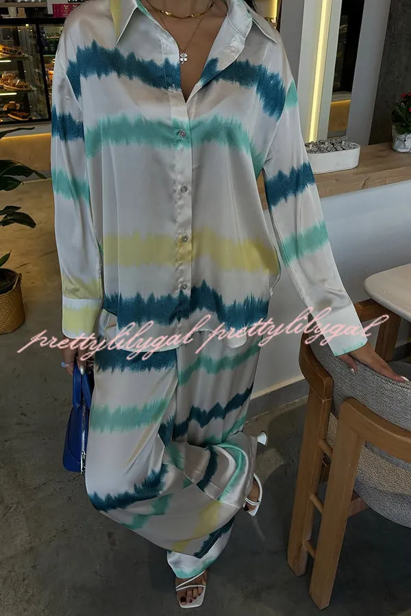 Lizbeth Satin Tie Dye Print Long Sleeve Shirt and Elastic Waist Pocketed Pants Set