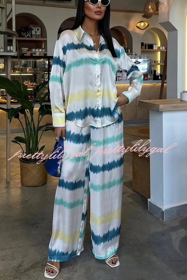 Lizbeth Satin Tie Dye Print Long Sleeve Shirt and Elastic Waist Pocketed Pants Set