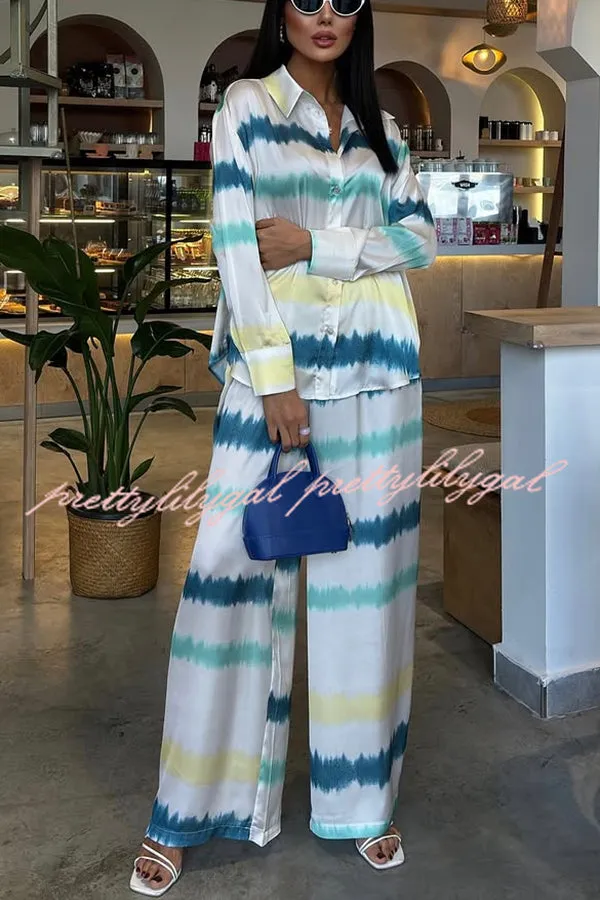 Lizbeth Satin Tie Dye Print Long Sleeve Shirt and Elastic Waist Pocketed Pants Set