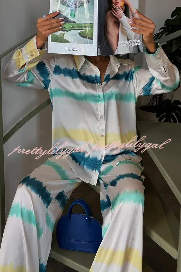 Lizbeth Satin Tie Dye Print Long Sleeve Shirt and Elastic Waist Pocketed Pants Set