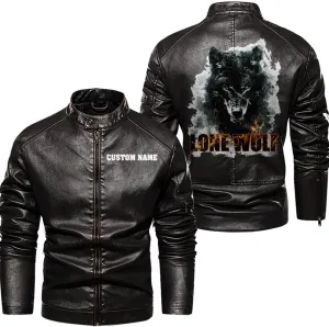 Lone Wolf, Vintage Wolf Biker Motorcycle Jacket, Personalized Men PU Leather Vest Coat Jackets