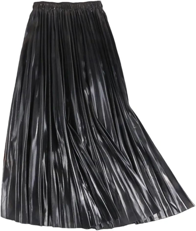 Long Elegant Women Midi Skirt High Waist Black Silver Gold Solid Color Pleated Skirts