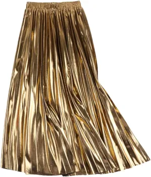 Long Elegant Women Midi Skirt High Waist Black Silver Gold Solid Color Pleated Skirts