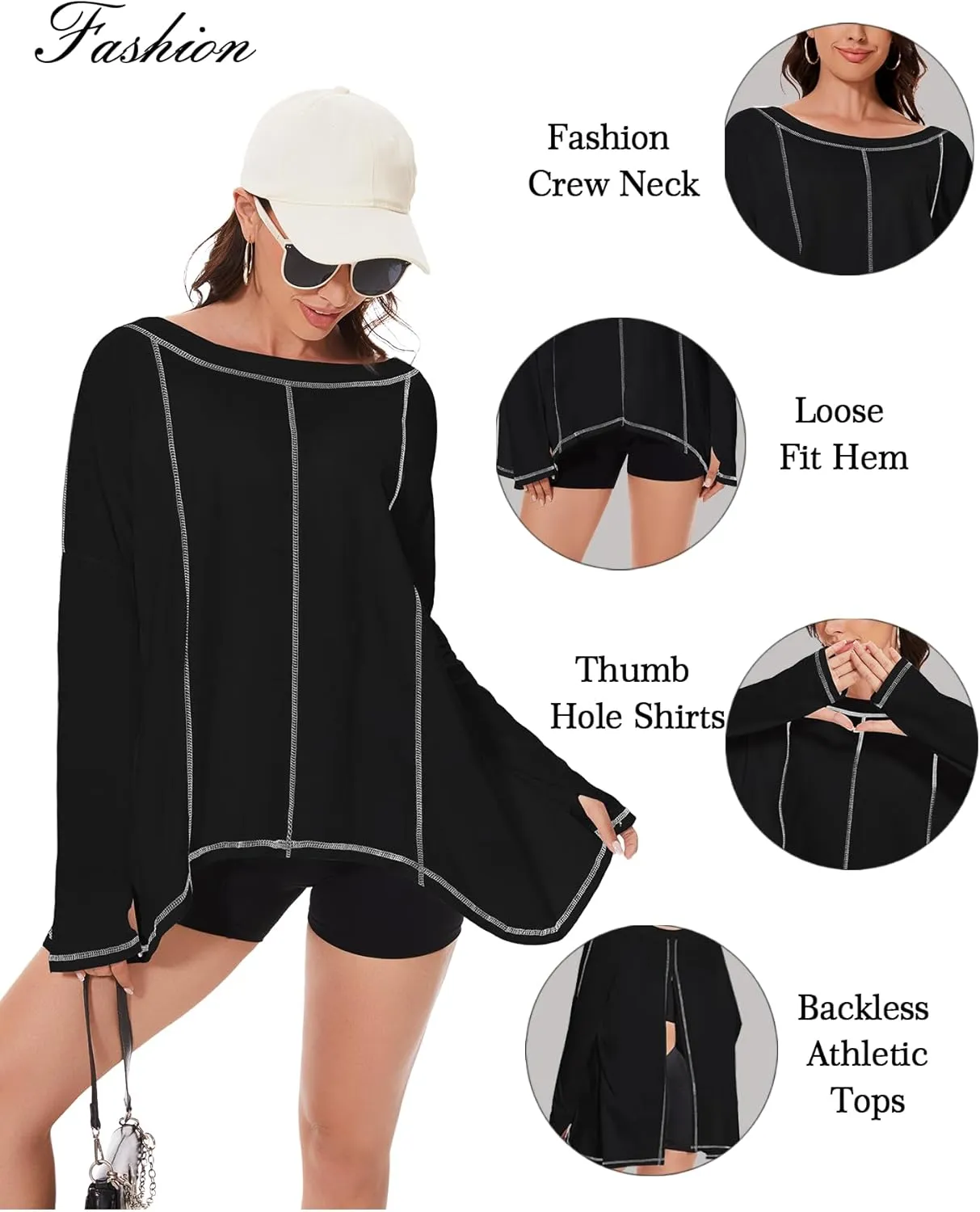 Long Sleeve Workout Tops for Women Crewneck Open Back Oversized Sweatshirts Loose Fit Athletic Tops with Thumb Hole