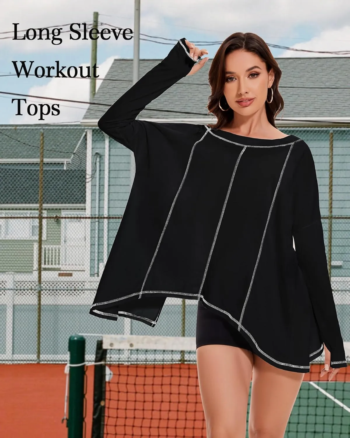 Long Sleeve Workout Tops for Women Crewneck Open Back Oversized Sweatshirts Loose Fit Athletic Tops with Thumb Hole
