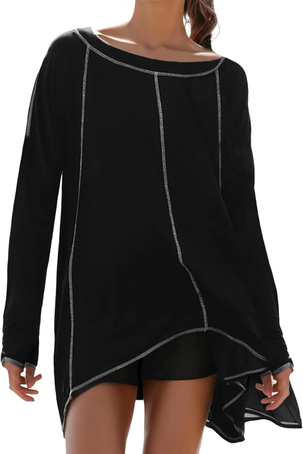 Long Sleeve Workout Tops for Women Crewneck Open Back Oversized Sweatshirts Loose Fit Athletic Tops with Thumb Hole