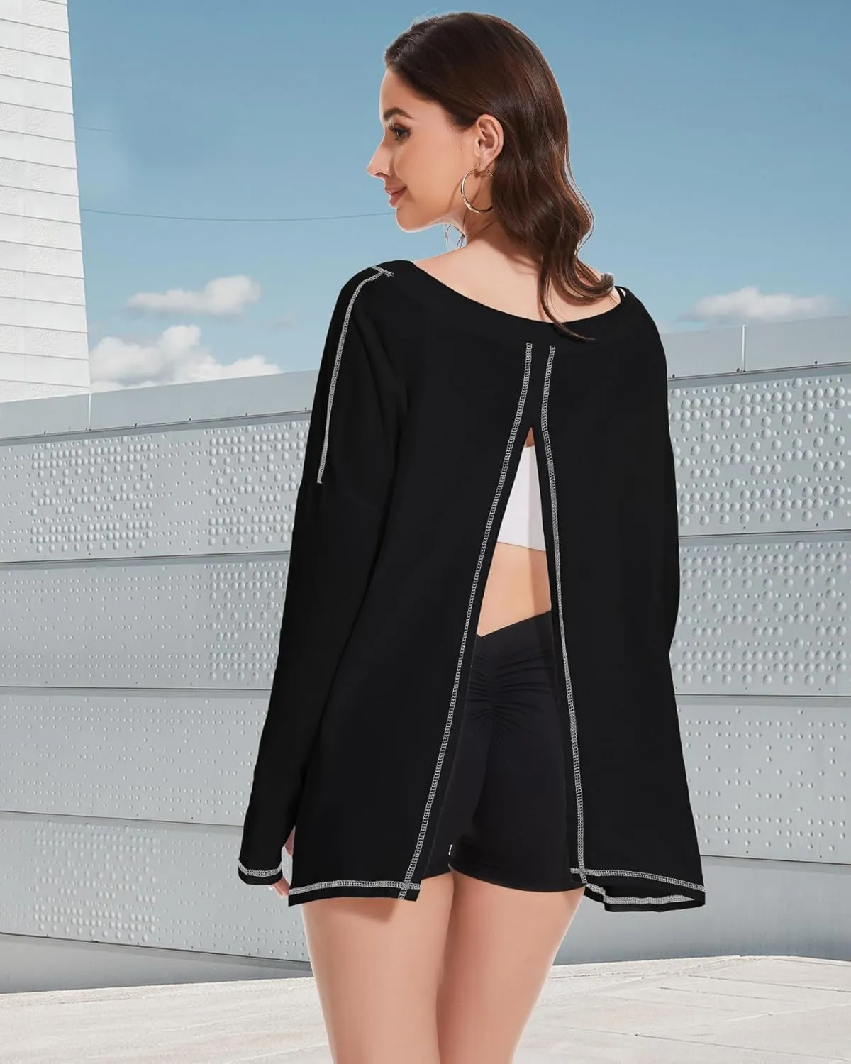 Long Sleeve Workout Tops for Women Crewneck Open Back Oversized Sweatshirts Loose Fit Athletic Tops with Thumb Hole
