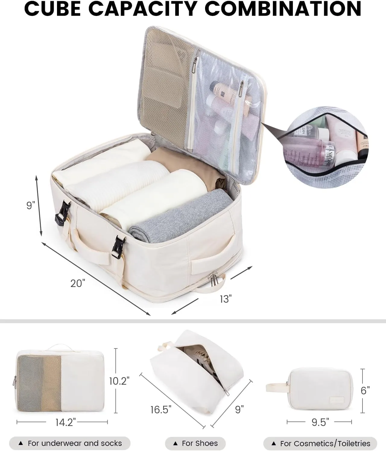 LOVEVOOK Travel Backpack for Women, 40L Carry On Backpack Flight Approved, Waterproof 17 Inch Laptop Backpack with 3 Cubes, College Bookbag, Personal Item Travel Bag, Beige