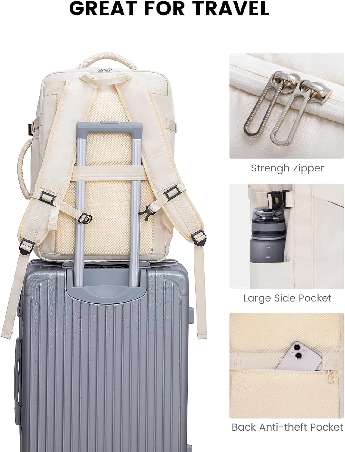 LOVEVOOK Travel Backpack for Women, 40L Carry On Backpack Flight Approved, Waterproof 17 Inch Laptop Backpack with 3 Cubes, College Bookbag, Personal Item Travel Bag, Beige