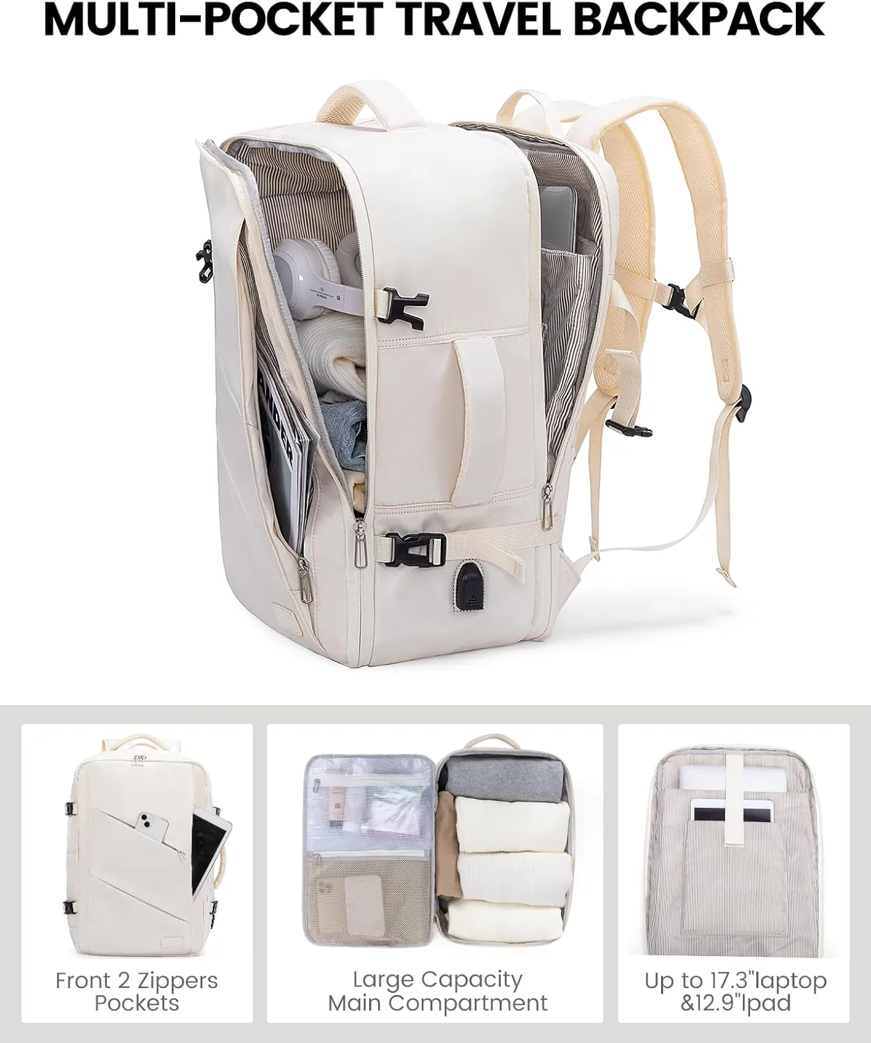 LOVEVOOK Travel Backpack for Women, 40L Carry On Backpack Flight Approved, Waterproof 17 Inch Laptop Backpack with 3 Cubes, College Bookbag, Personal Item Travel Bag, Beige