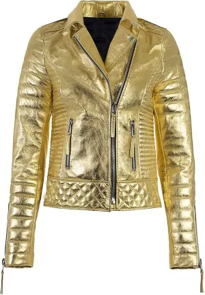 LP-FACON Womens Golden Foiled Metallic Brando Motorcycle Biker Leather Jacket
