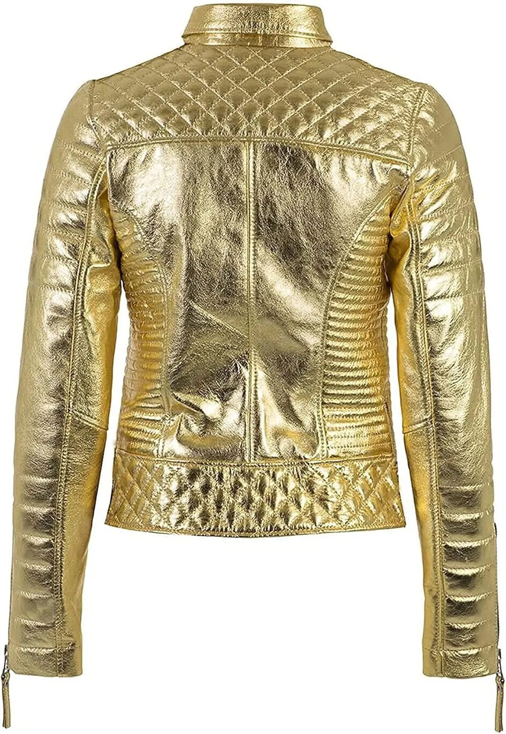 LP-FACON Womens Golden Foiled Metallic Brando Motorcycle Biker Leather Jacket