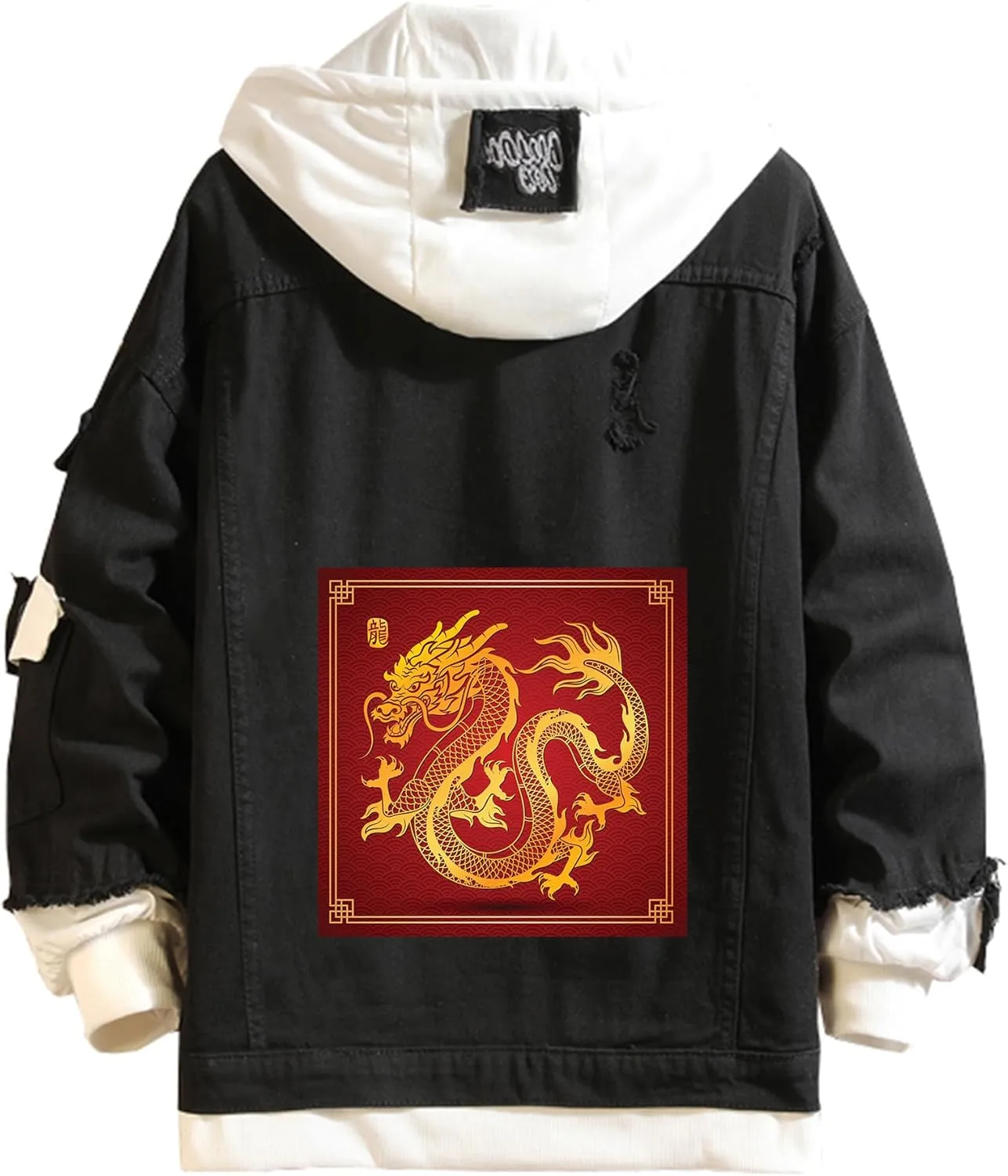 Lpstop Chinese Dragon Denim Jacket Dragon Hand Drawn Style Hoodie Animal Print Lightweight Jacket Coat for Teens