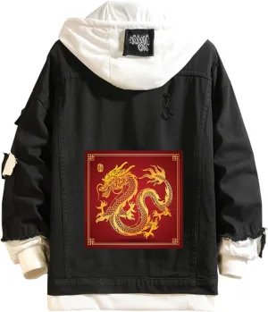 Lpstop Chinese Dragon Denim Jacket Dragon Hand Drawn Style Hoodie Animal Print Lightweight Jacket Coat for Teens