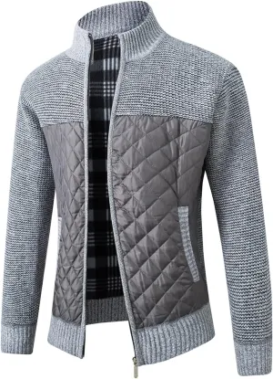 Lu's Chic Men's Long Sleeve Cardigan Sweater Thermal Slim Fit Full Zip Quilted Jacket Business Casual Knit Coats Pocket