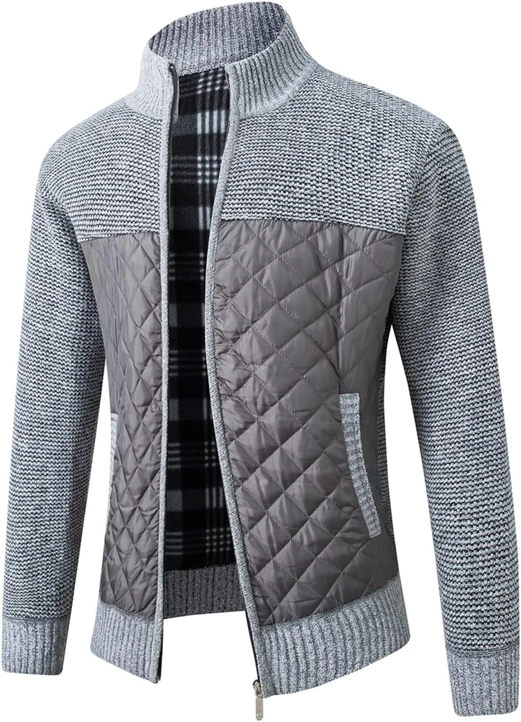 Lu's Chic Men's Long Sleeve Cardigan Sweater Thermal Slim Fit Full Zip Quilted Jacket Business Casual Knit Coats Pocket