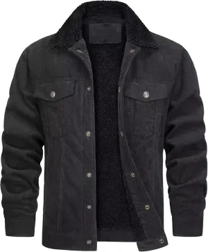 Maiyifu-GJ Men Sherpa Fleece Lined Denim Jacket Corduroy Lapel Slim Fit Trucker Jacket Vintage Button-Front Windbreaker Coats