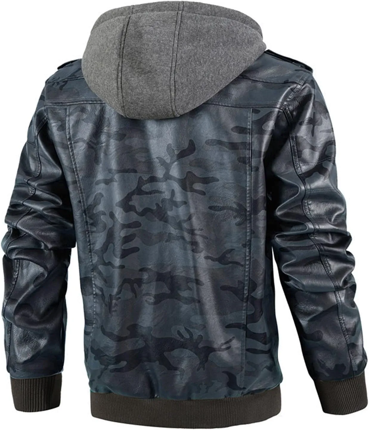 Maiyifu-GJ Men's Camo Faux Leather Jacket Winter Warm Moto Jacket with Removable Hood Pu Motorcycle Bomber Jackets Outwear