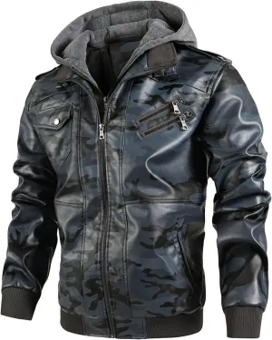 Maiyifu-GJ Men's Camo Faux Leather Jacket Winter Warm Moto Jacket with Removable Hood Pu Motorcycle Bomber Jackets Outwear