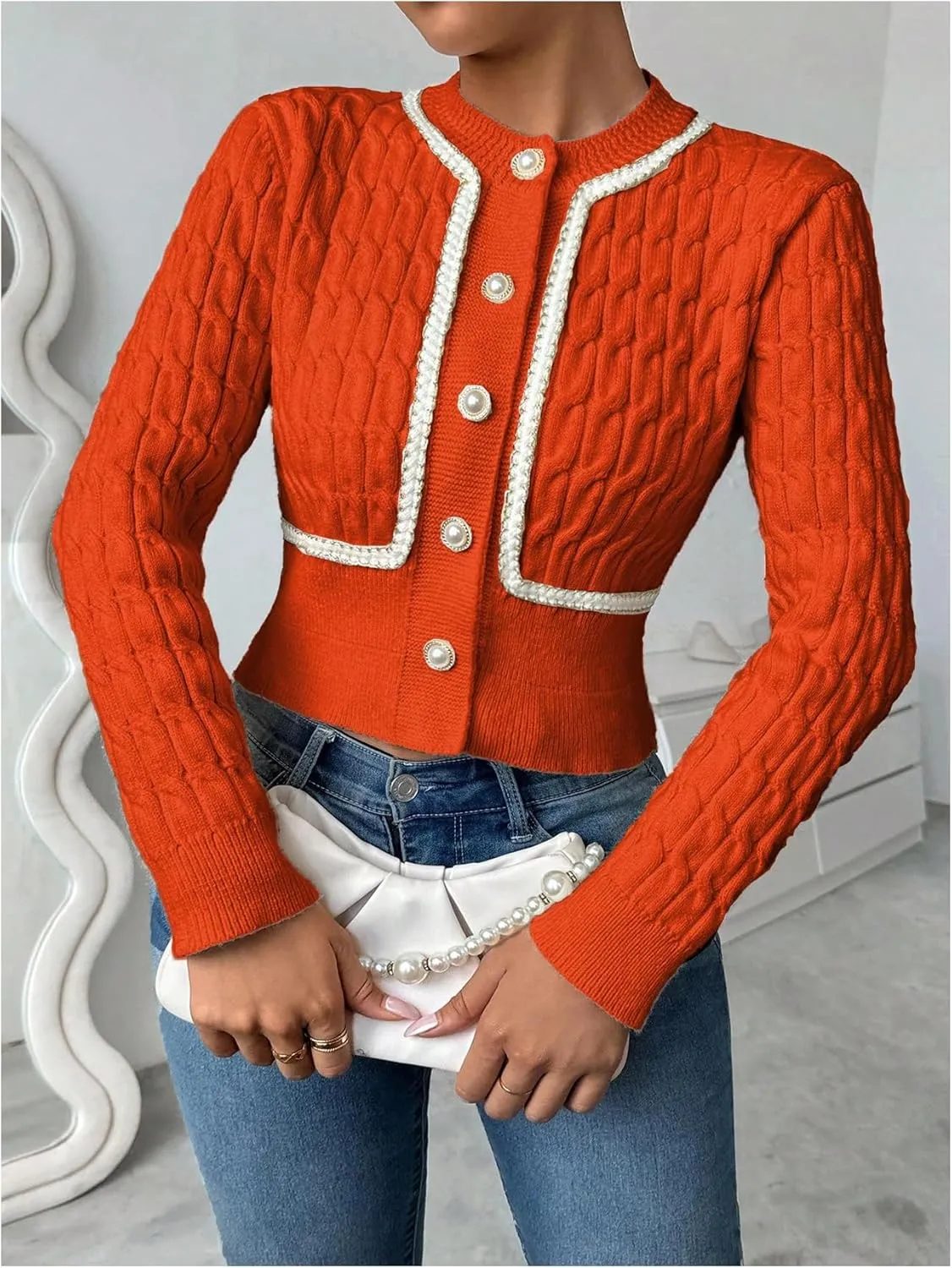 MakeMeChic Women's Button Down Cropped Cardigan Beaded Slim Fit Cable Knit Sweaters Outwear