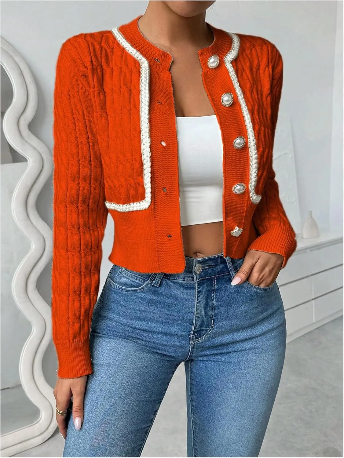 MakeMeChic Women's Button Down Cropped Cardigan Beaded Slim Fit Cable Knit Sweaters Outwear