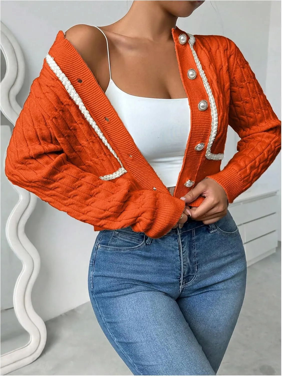 MakeMeChic Women's Button Down Cropped Cardigan Beaded Slim Fit Cable Knit Sweaters Outwear