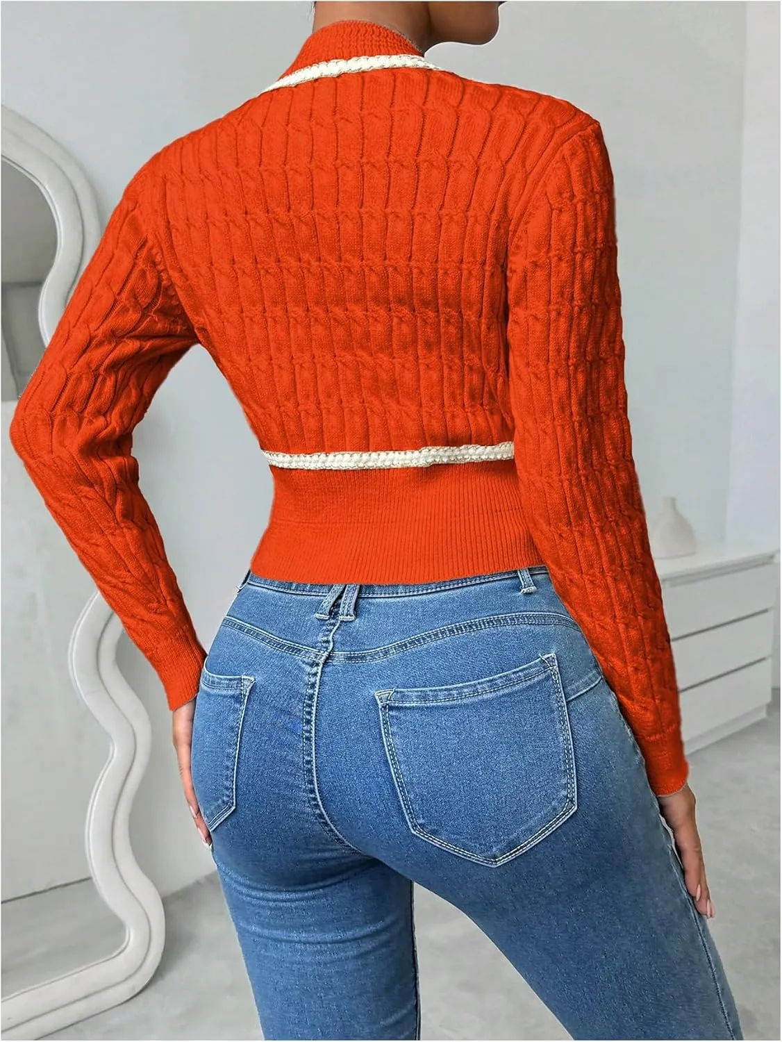 MakeMeChic Women's Button Down Cropped Cardigan Beaded Slim Fit Cable Knit Sweaters Outwear