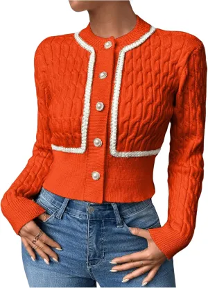 MakeMeChic Women's Button Down Cropped Cardigan Beaded Slim Fit Cable Knit Sweaters Outwear