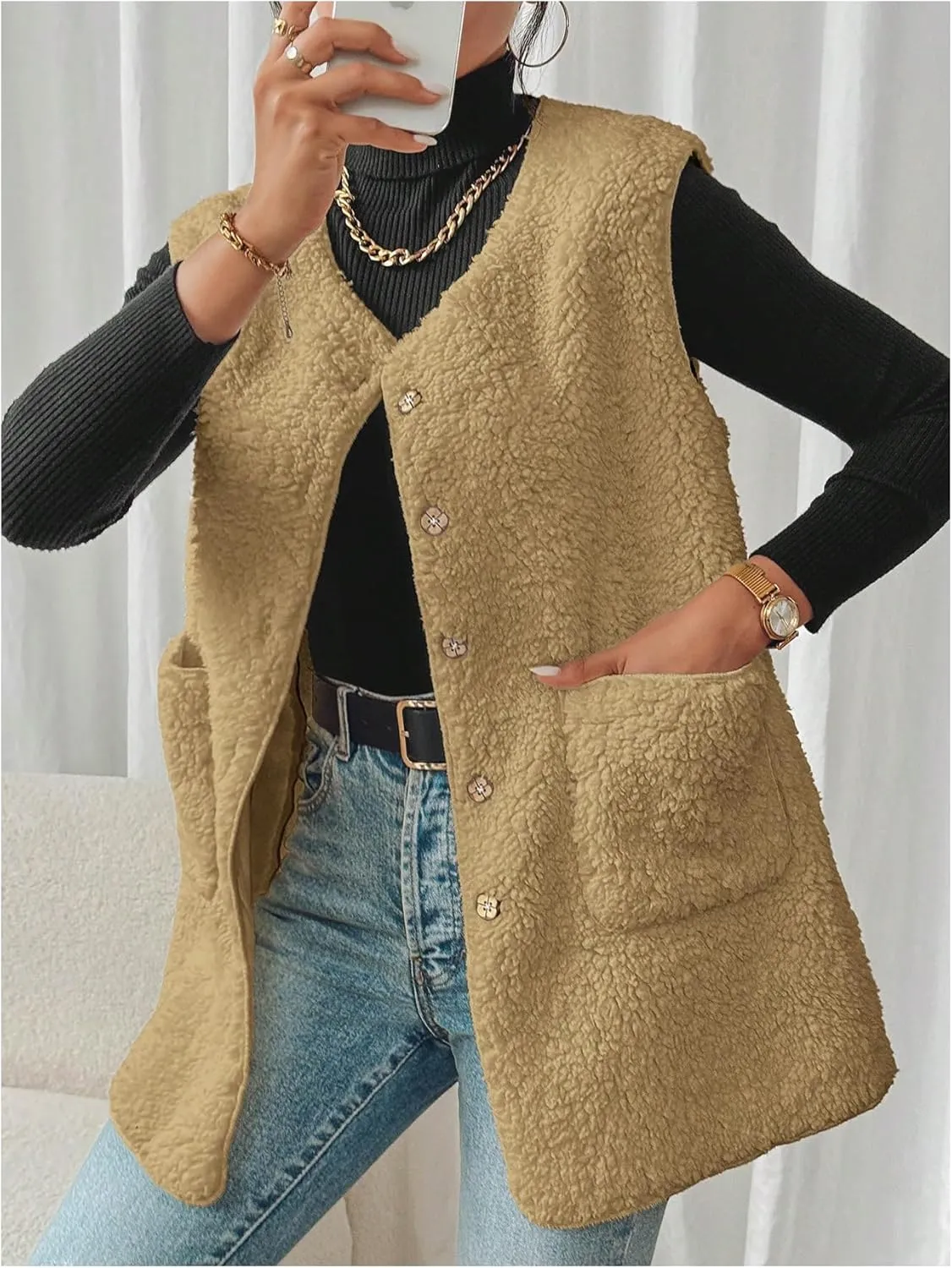 MakeMeChic Women's Button Down Fleece Vest Jacket V Neck Sleeveless Pocket Vest Top Coat Jackets