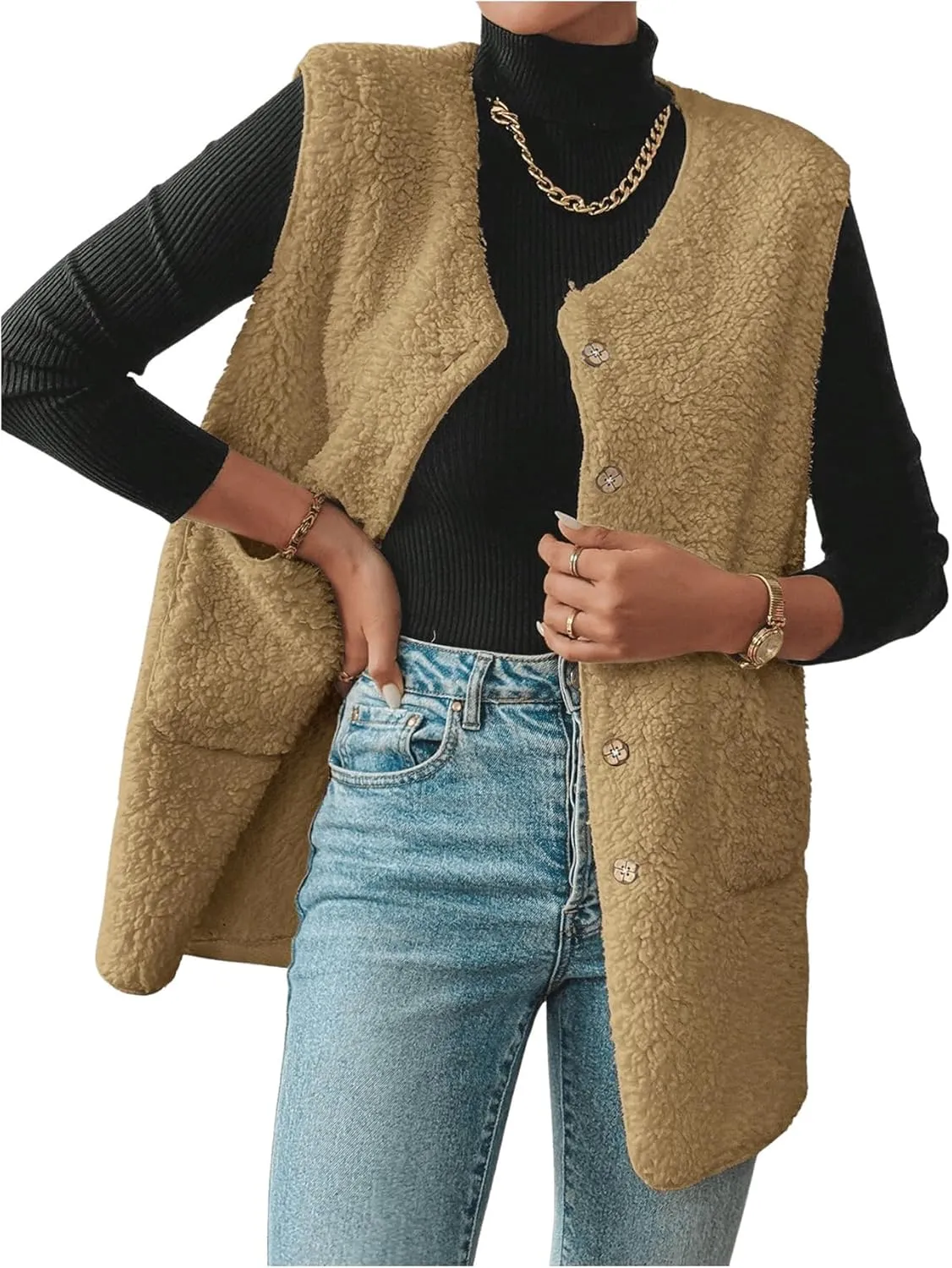 MakeMeChic Women's Button Down Fleece Vest Jacket V Neck Sleeveless Pocket Vest Top Coat Jackets