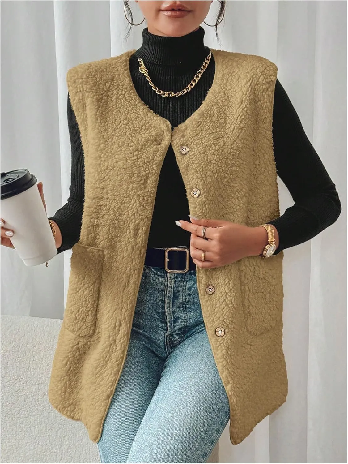 MakeMeChic Women's Button Down Fleece Vest Jacket V Neck Sleeveless Pocket Vest Top Coat Jackets