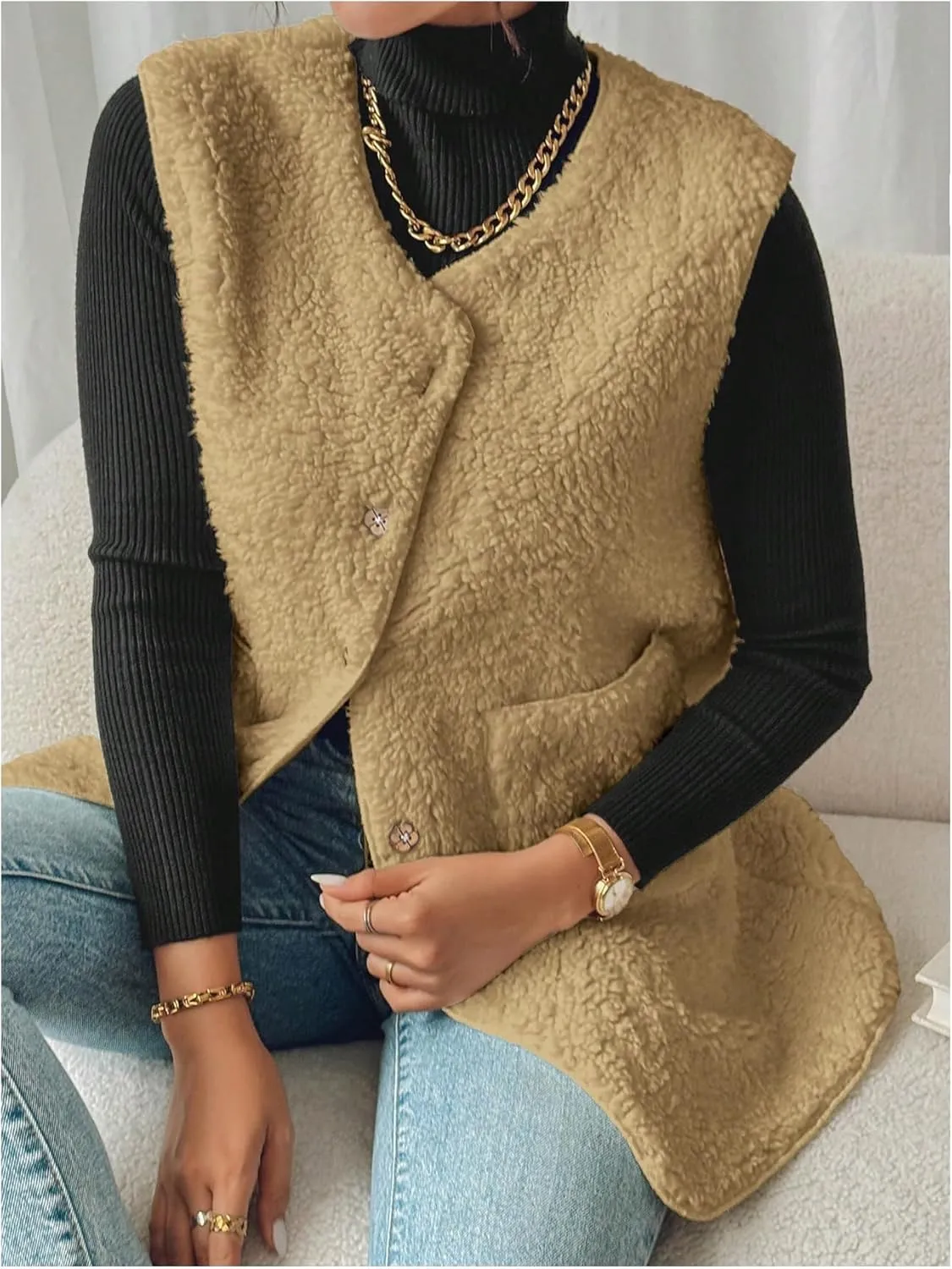 MakeMeChic Women's Button Down Fleece Vest Jacket V Neck Sleeveless Pocket Vest Top Coat Jackets