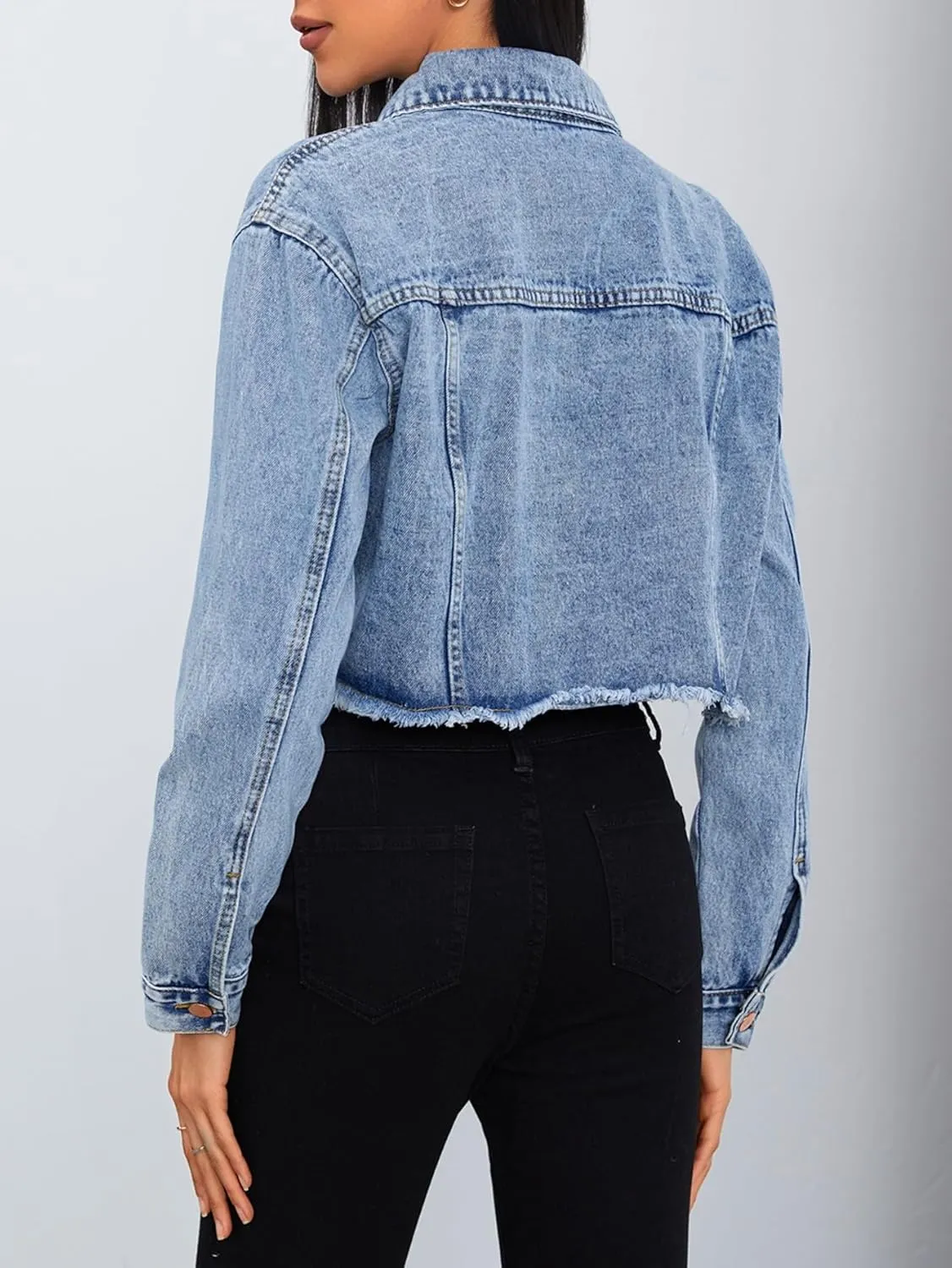 MakeMeChic Women's Crop Denim Jacket Casual Long Sleeve Ripped Frayed Hem Jean Jackets