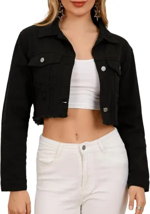 MakeMeChic Women's Crop Denim Jacket Casual Long Sleeve Ripped Frayed Hem Jean Jackets