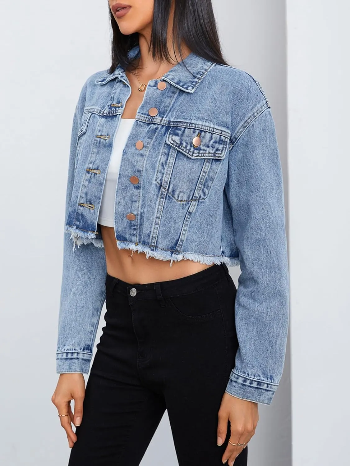 MakeMeChic Women's Crop Denim Jacket Casual Long Sleeve Ripped Frayed Hem Jean Jackets