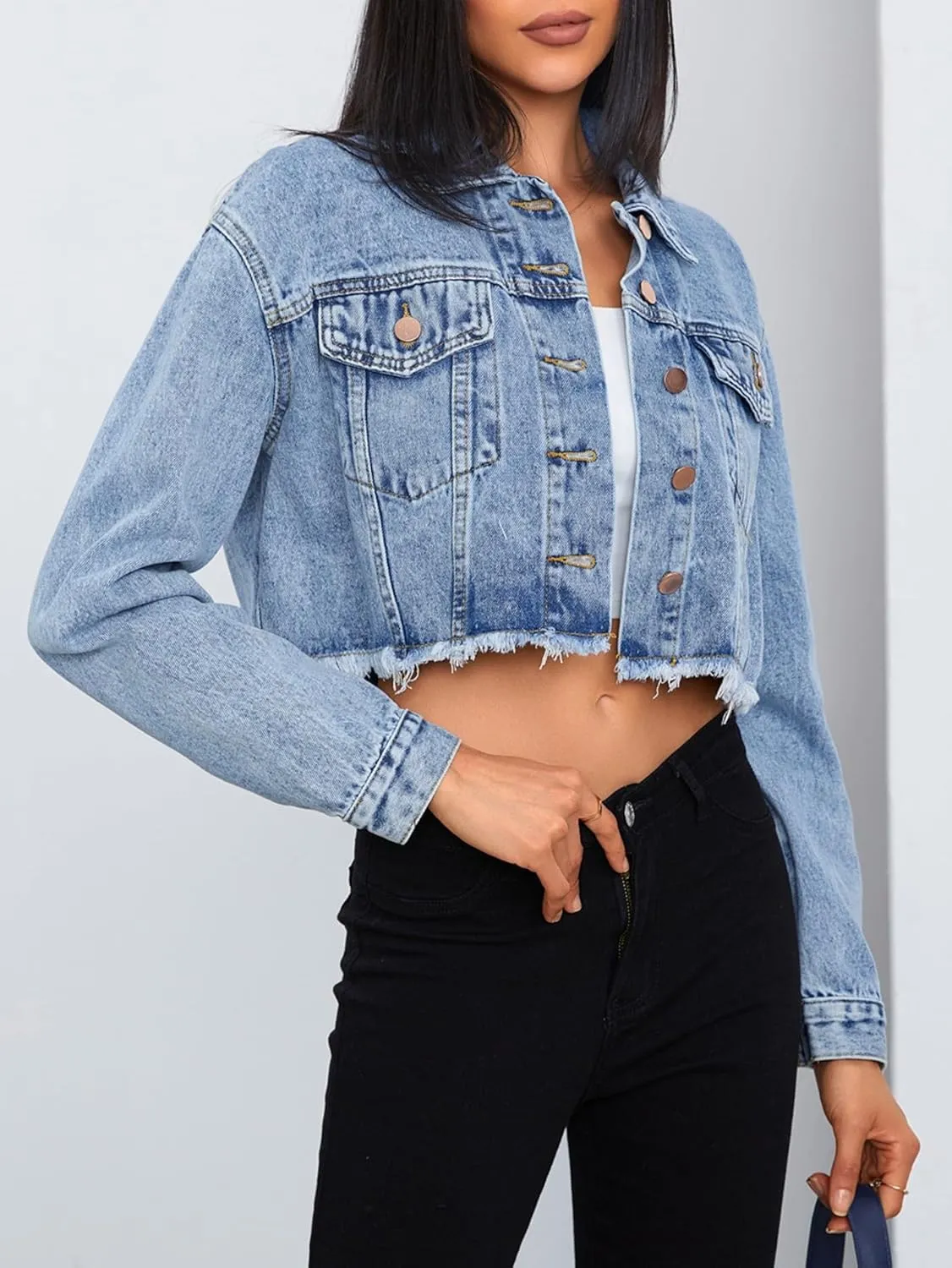 MakeMeChic Women's Crop Denim Jacket Casual Long Sleeve Ripped Frayed Hem Jean Jackets