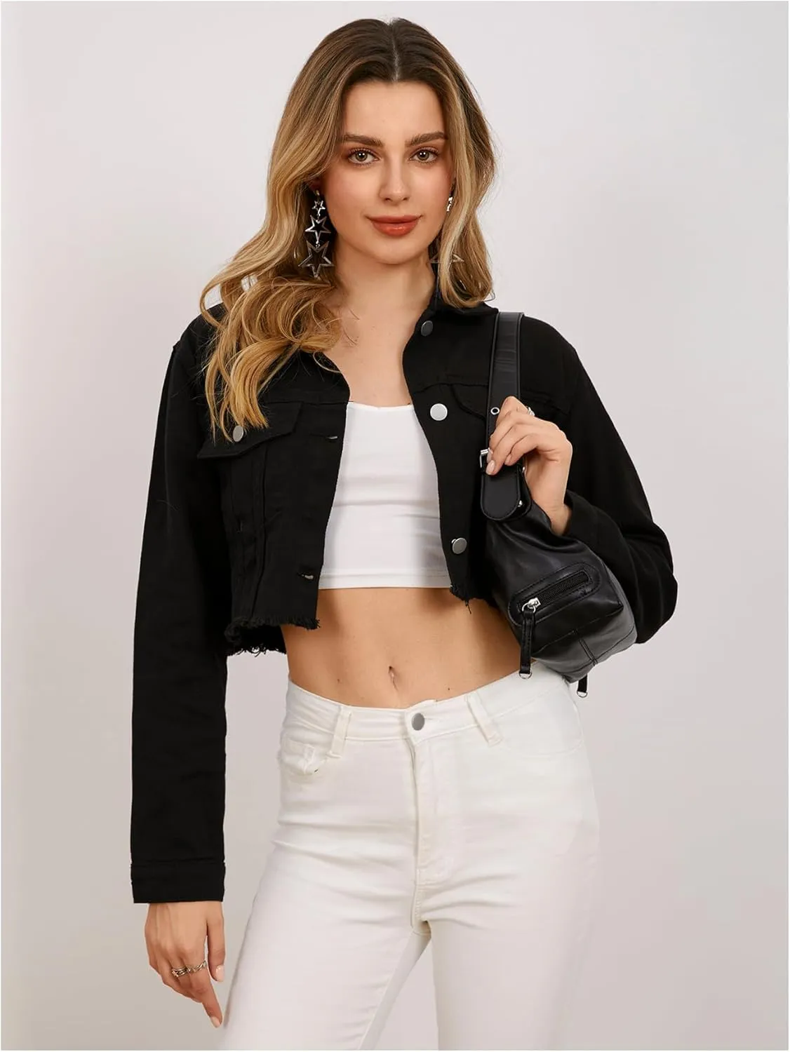 MakeMeChic Women's Crop Denim Jacket Casual Long Sleeve Ripped Frayed Hem Jean Jackets