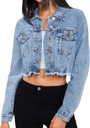 MakeMeChic Women's Crop Denim Jacket Casual Long Sleeve Ripped Frayed Hem Jean Jackets