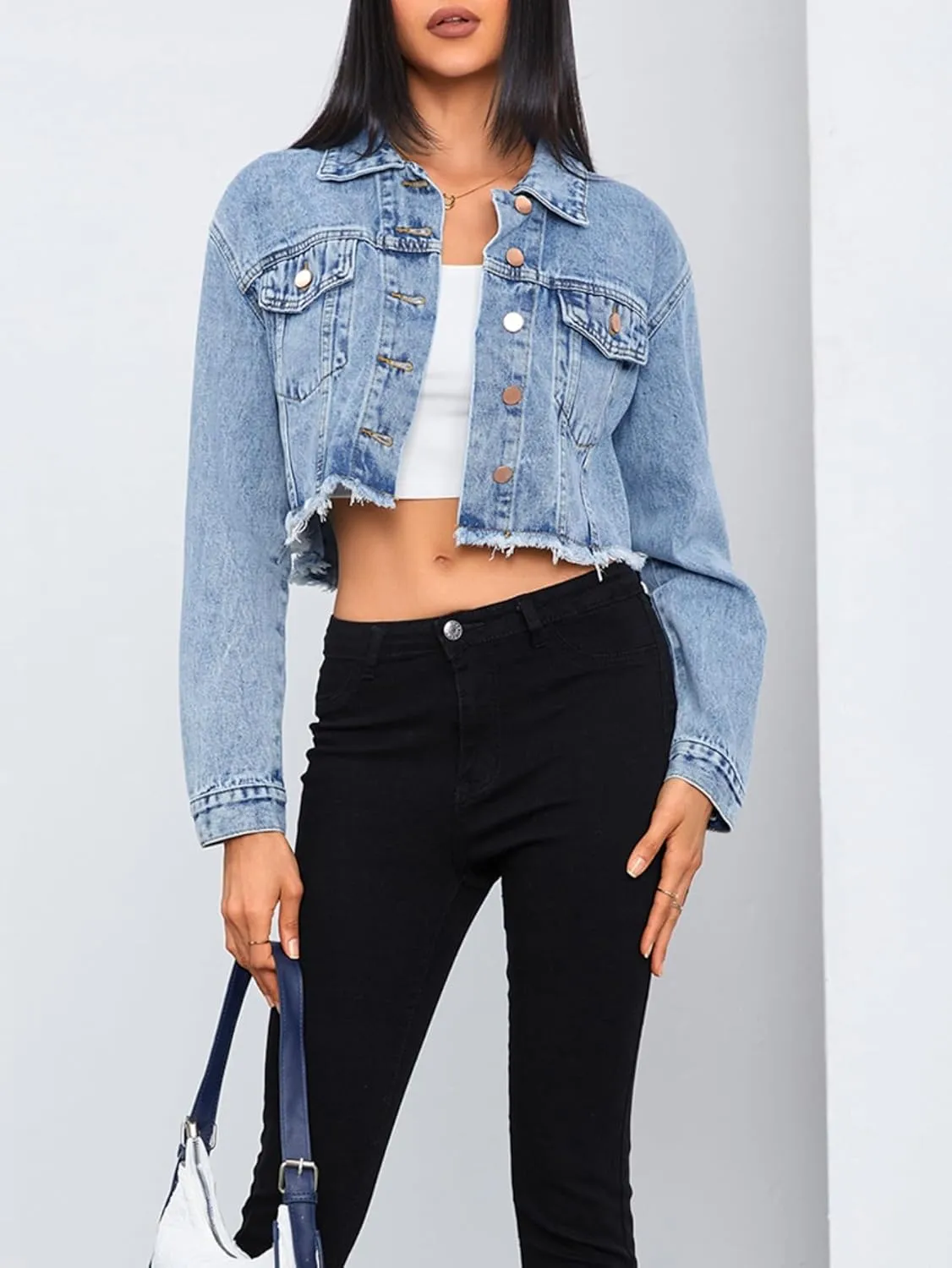 MakeMeChic Women's Crop Denim Jacket Casual Long Sleeve Ripped Frayed Hem Jean Jackets