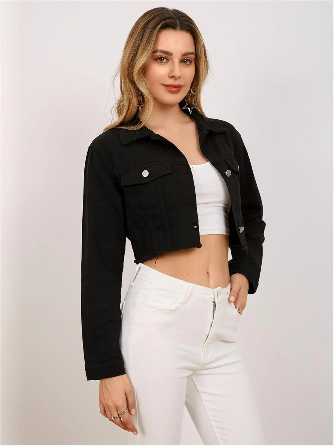 MakeMeChic Women's Crop Denim Jacket Casual Long Sleeve Ripped Frayed Hem Jean Jackets
