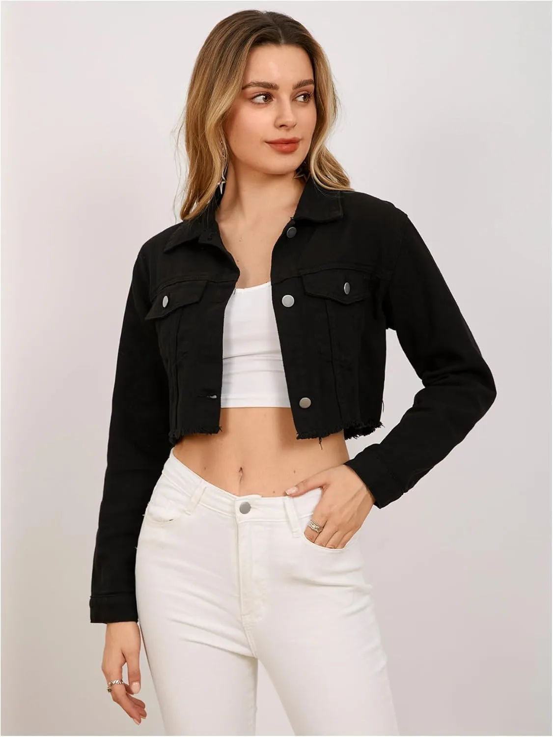 MakeMeChic Women's Crop Denim Jacket Casual Long Sleeve Ripped Frayed Hem Jean Jackets
