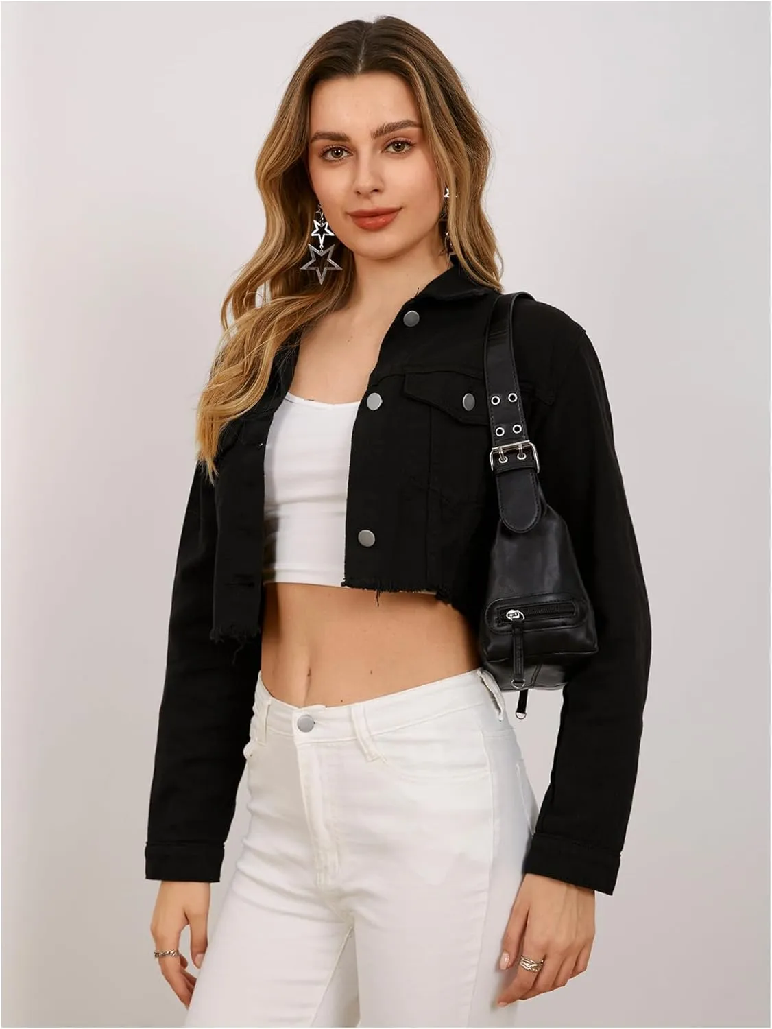 MakeMeChic Women's Crop Denim Jacket Casual Long Sleeve Ripped Frayed Hem Jean Jackets