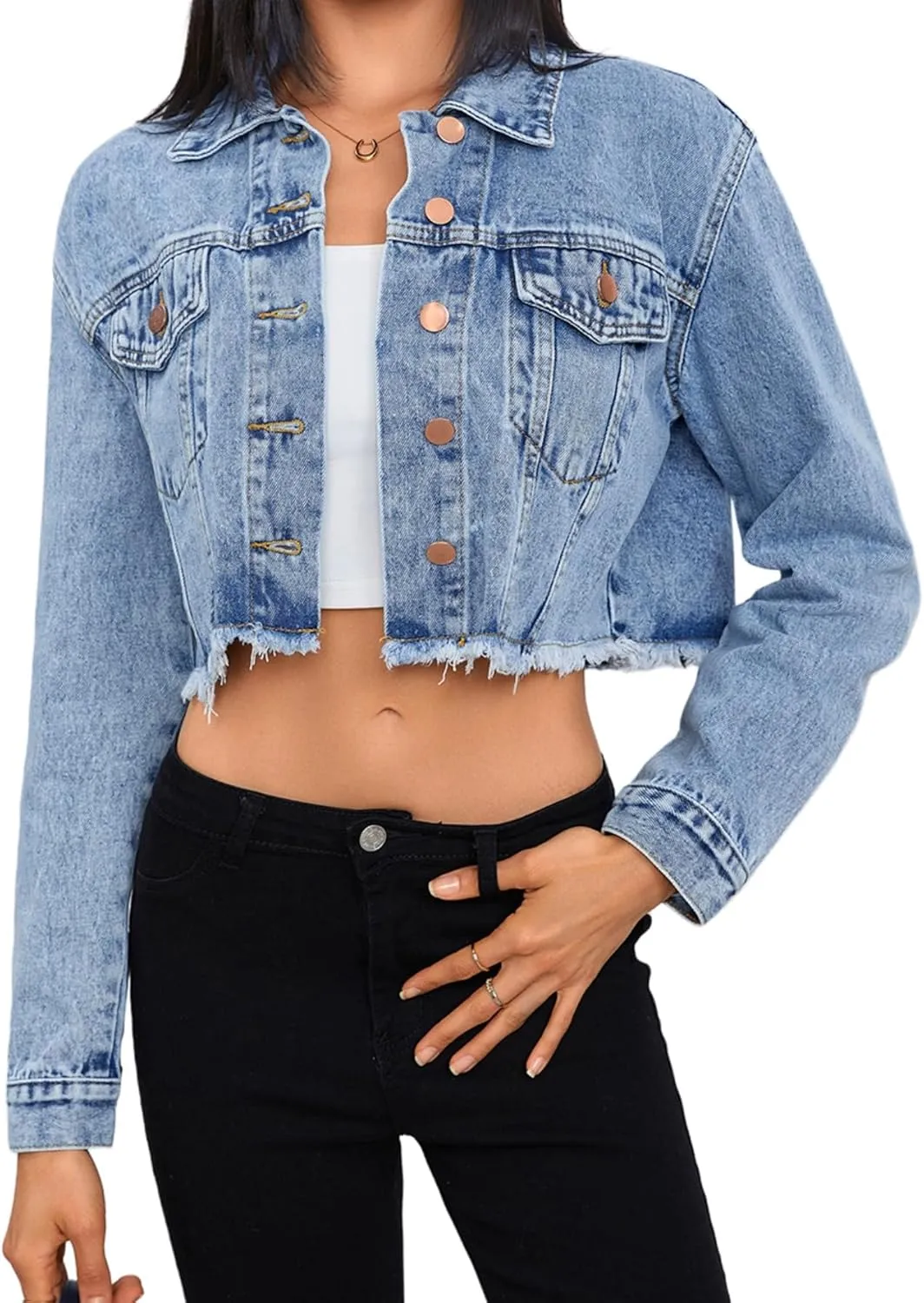 MakeMeChic Women's Crop Denim Jacket Casual Long Sleeve Ripped Frayed Hem Jean Jackets