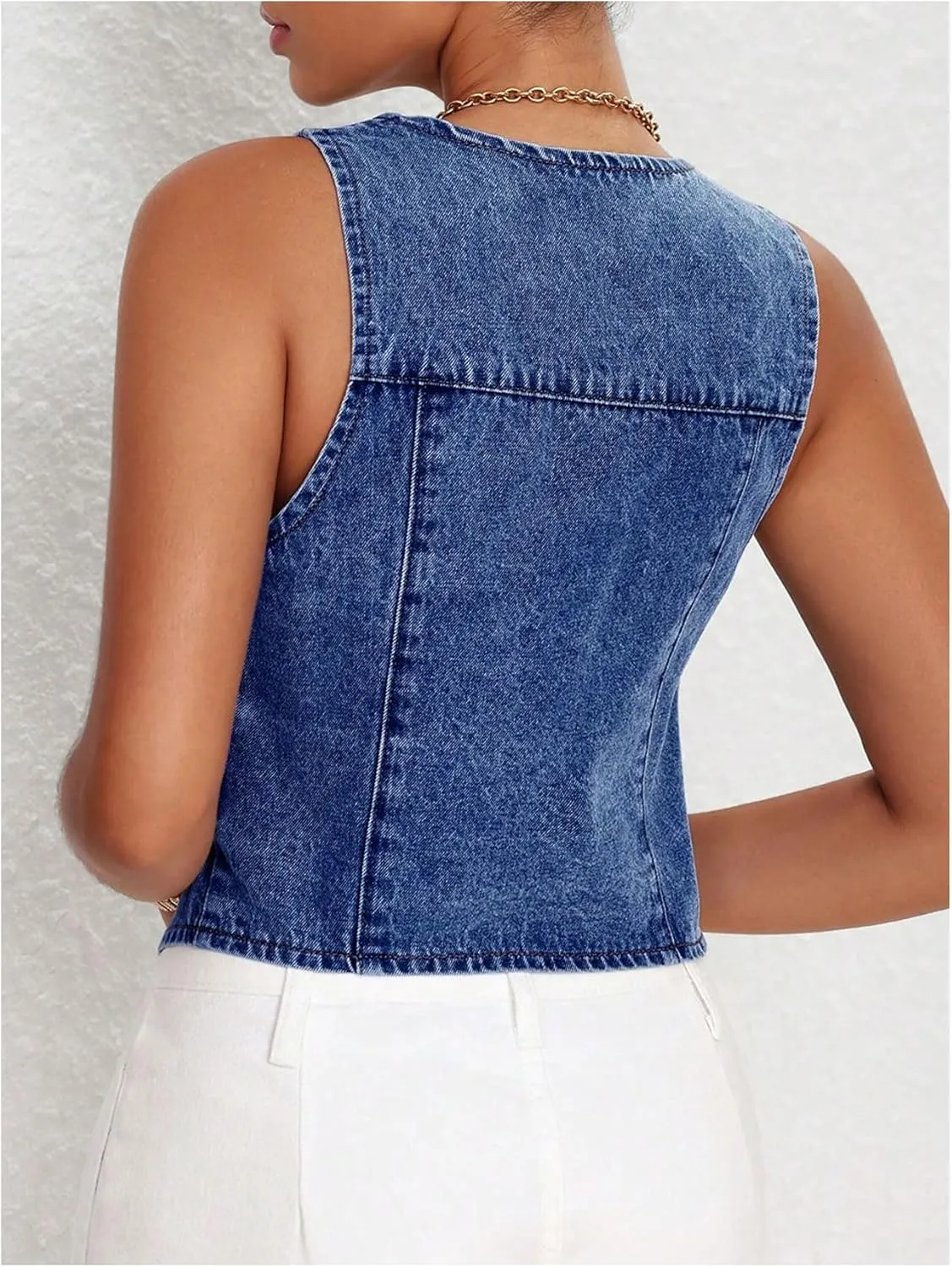 MakeMeChic Women's Denim Vest Tops Y2K Button Down V Neck Asymmetrical Crop Jean Vest Jackets