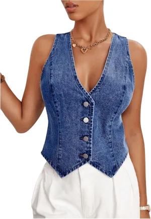 MakeMeChic Women's Denim Vest Tops Y2K Button Down V Neck Asymmetrical Crop Jean Vest Jackets