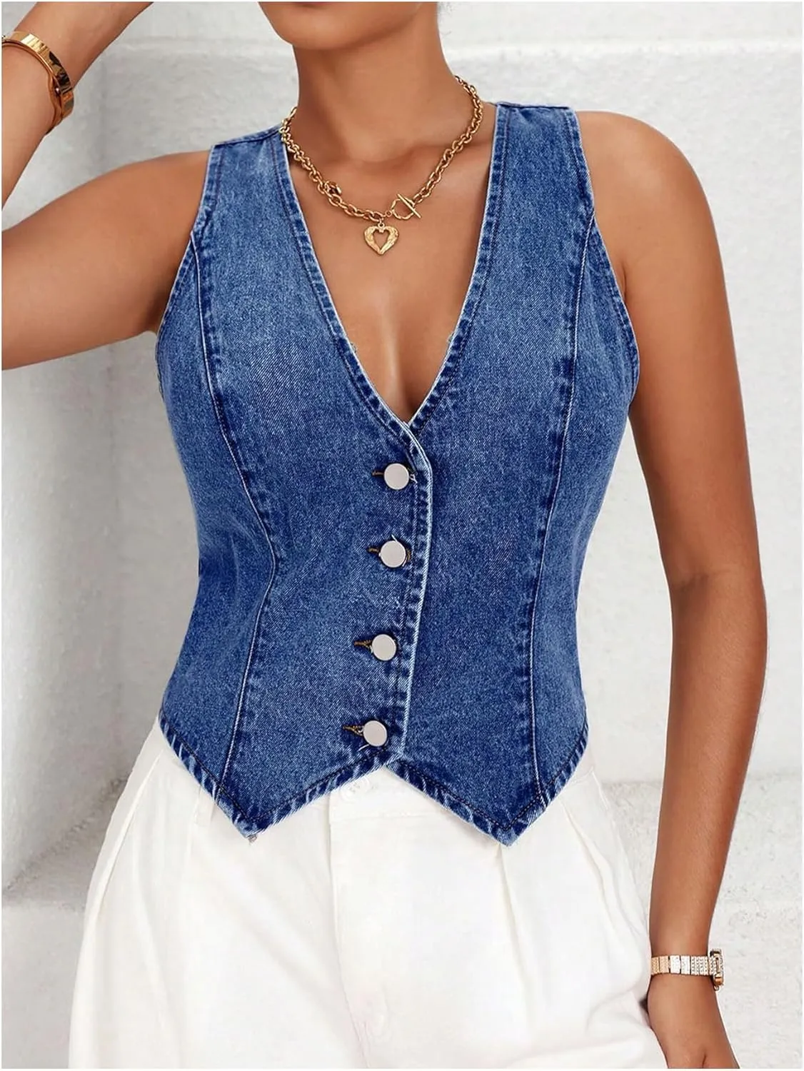 MakeMeChic Women's Denim Vest Tops Y2K Button Down V Neck Asymmetrical Crop Jean Vest Jackets
