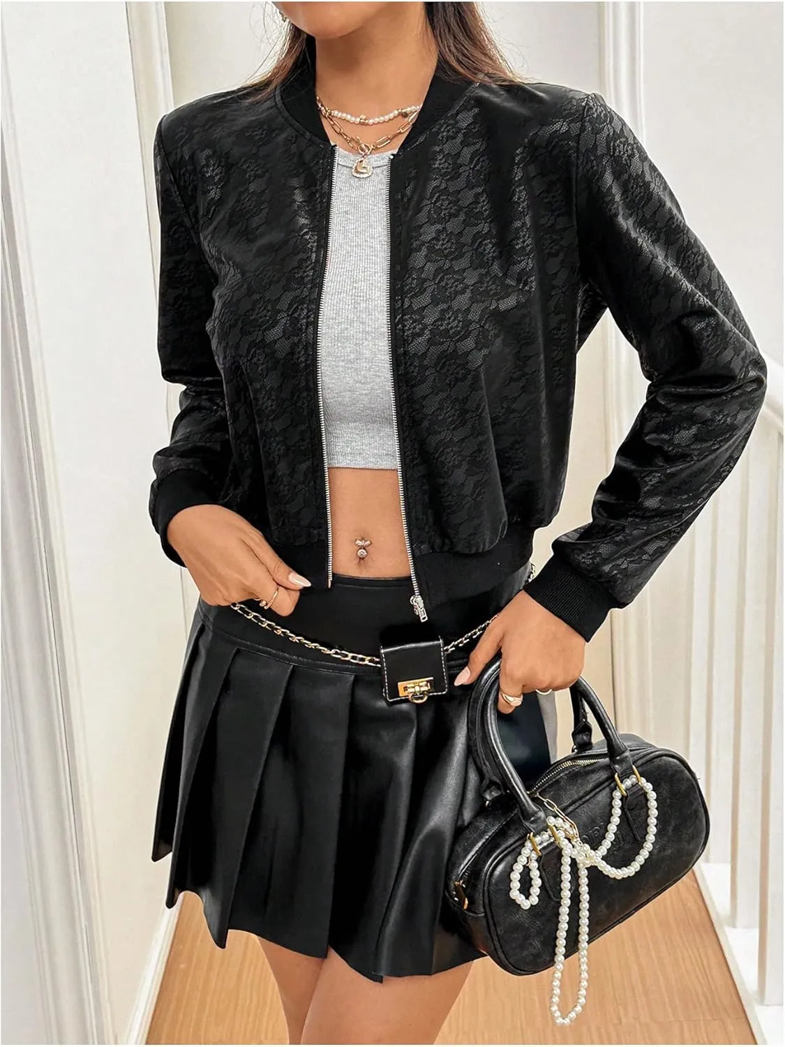 MakeMeChic Women's Metallic Holographic Crop Jacket Long Sleeve Baseball Collar Zip Up Bomber Jackets